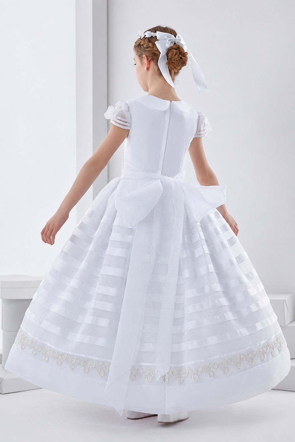 Cowl Neckline Short Sleeve Ball Gown Organza First Communion Dress With Bow Back
