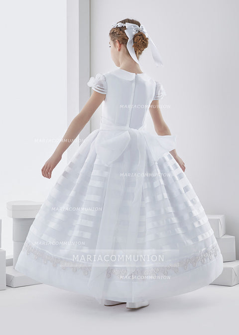 Cowl Neckline Short Sleeve Ball Gown Organza First Communion Dress With Bow Back