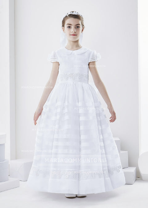 Cowl Neckline Short Sleeve Ball Gown Organza First Communion Dress With Bow Back