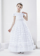 Cowl Neckline Short Sleeve Ball Gown Organza First Communion Dress With Bow Back