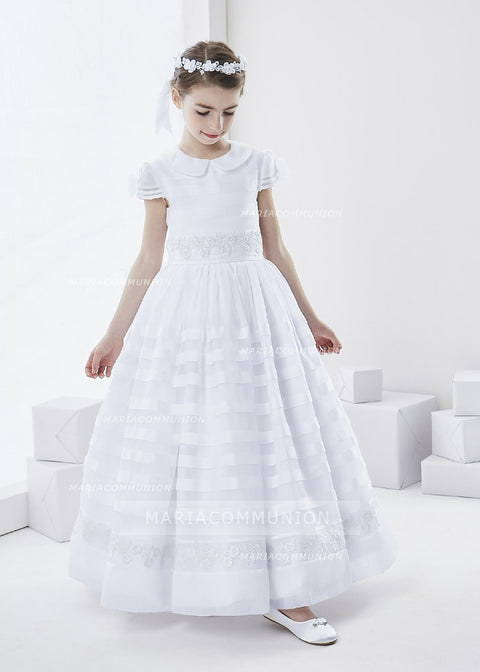 Cowl Neckline Short Sleeve Ball Gown Organza First Communion Dress With Bow Back