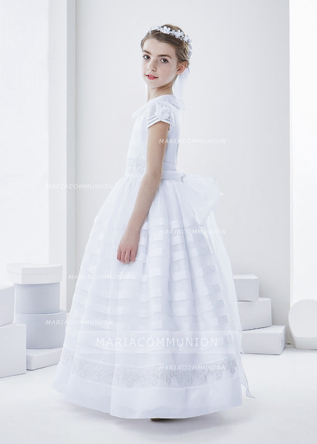 Cowl Neckline Short Sleeve Ball Gown Organza First Communion Dress With Bow Back