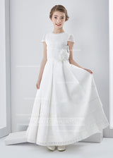 Elegant A-Line Jewel Short Sleeve Lace Hand Made Flowers Floor-Length Satin First Communion Dresses