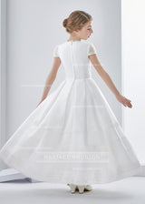 Elegant A-Line Jewel Short Sleeve Lace Hand Made Flowers Floor-Length Satin First Communion Dresses