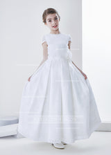 Elegant A-Line Jewel Short Sleeve Lace Hand Made Flowers Floor-Length Satin First Communion Dresses