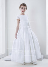 Elegant A-Line Jewel Short Sleeve Lace Hand Made Flowers Floor-Length Satin First Communion Dresses