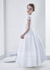 Elegant A-Line Jewel Short Sleeve Lace Hand Made Flowers Floor-Length Satin First Communion Dresses