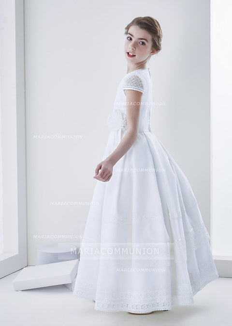 Elegant A-Line Jewel Short Sleeve Lace Hand Made Flowers Floor-Length Satin First Communion Dresses