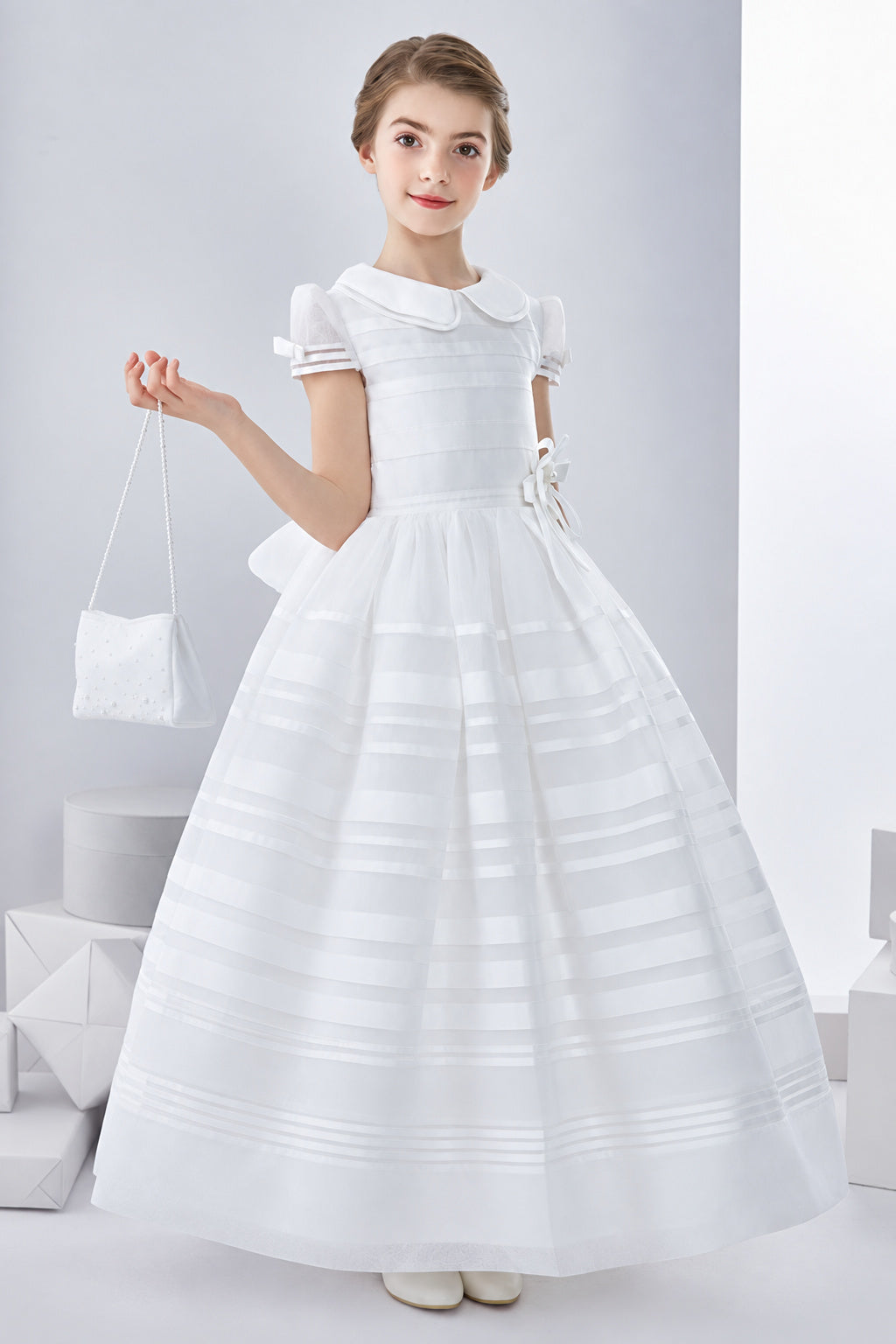 Jewel Neck Short Sleeve A-Line Organza First Communion Dress With Bows