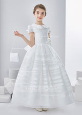 Jewel Neck Short Sleeve A-Line Organza First Communion Dress With Bows