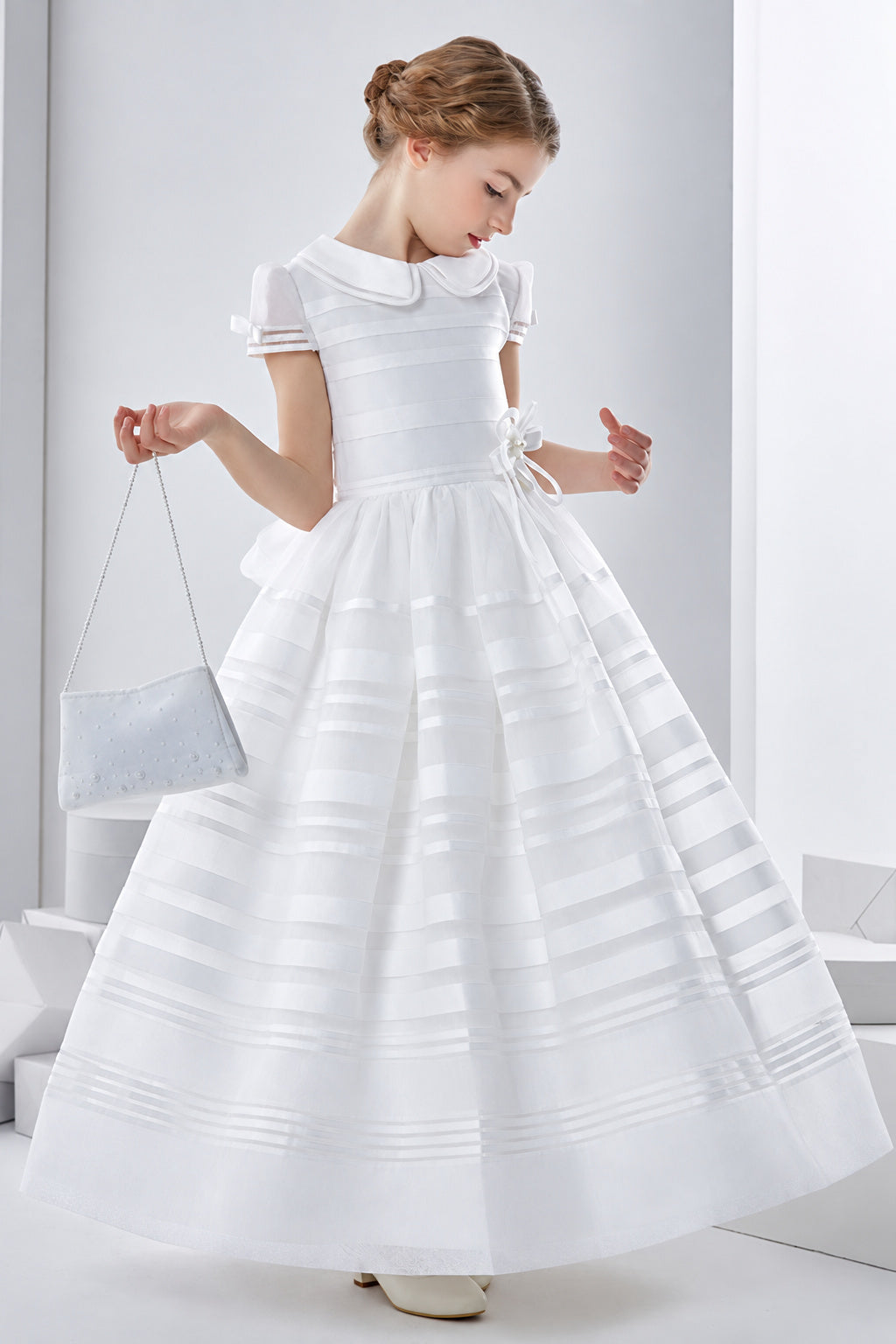 Jewel Neck Short Sleeve A-Line Organza First Communion Dress With Bows