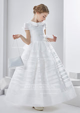 Jewel Neck Short Sleeve A-Line Organza First Communion Dress With Bows