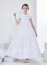 Jewel Neck Short Sleeve A-Line Organza First Communion Dress With Bows