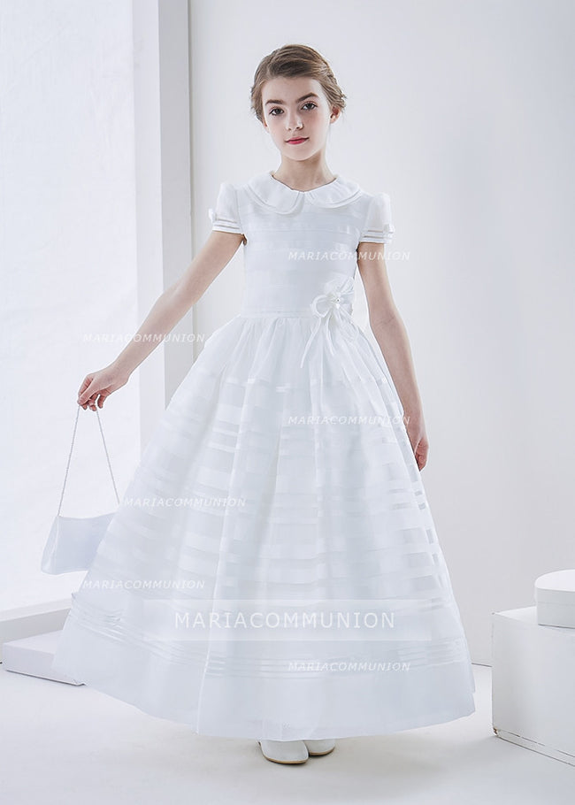 Jewel Neck Short Sleeve A-Line Organza First Communion Dress With Bows