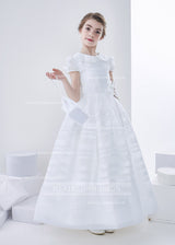 Jewel Neck Short Sleeve A-Line Organza First Communion Dress With Bows