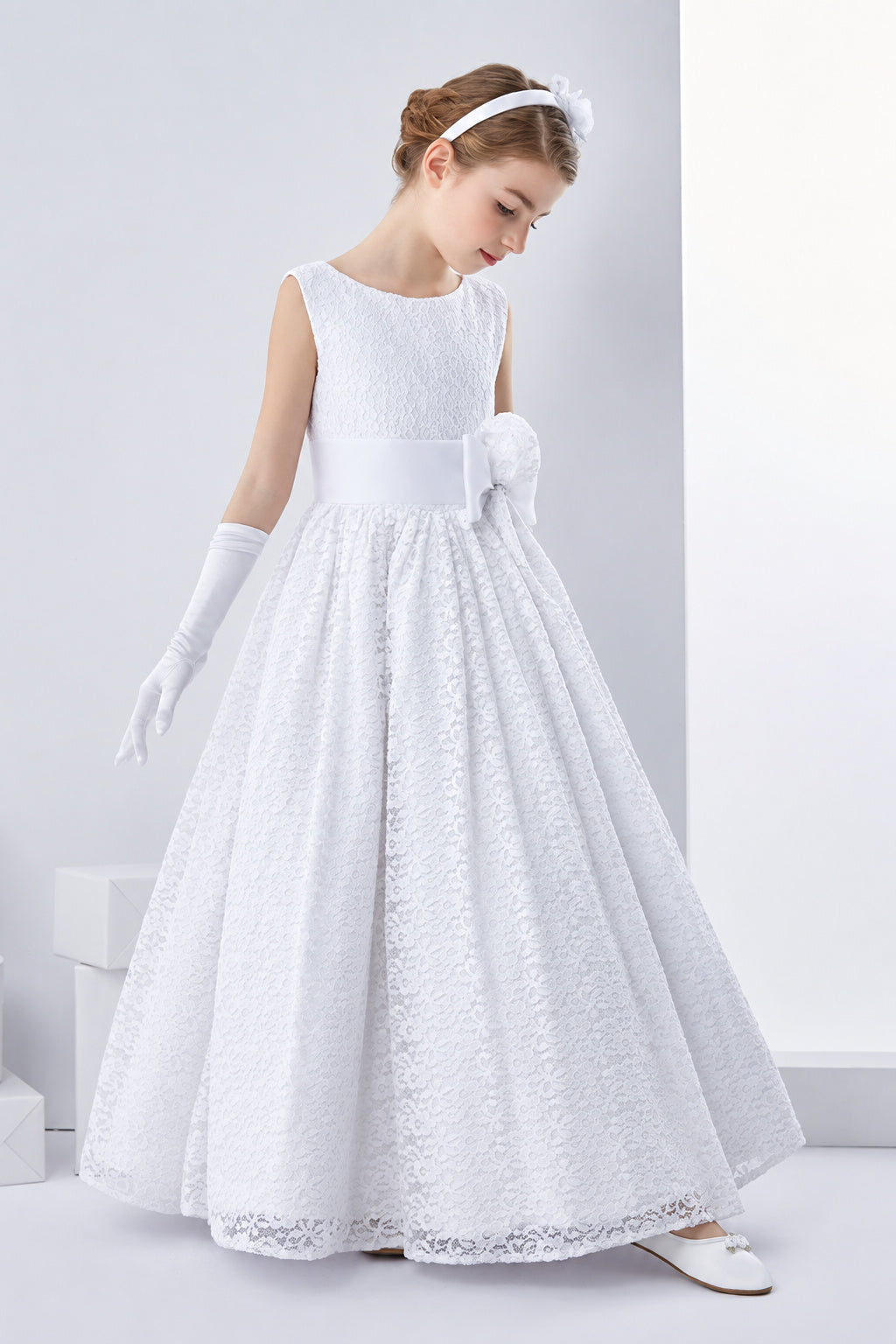 Lace Sleeveless A-Line First Communion Dress With Bow Ribbon