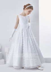 Lace Sleeveless A-Line First Communion Dress With Bow Ribbon