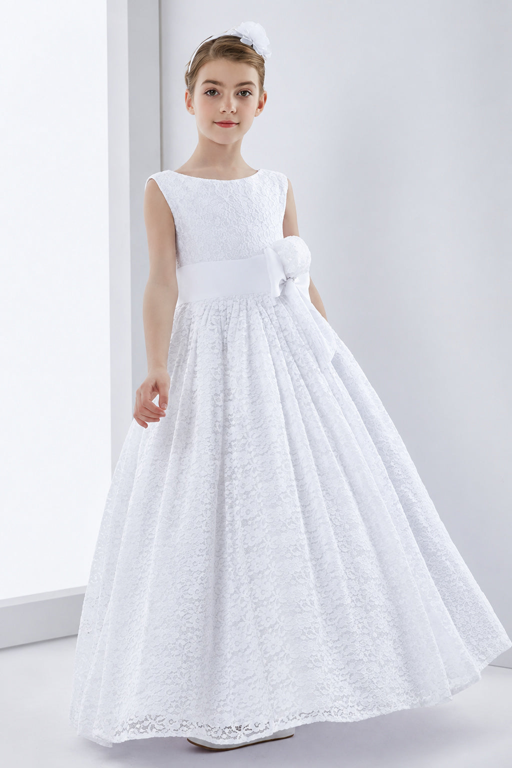 Lace Sleeveless A-Line First Communion Dress With Bow Ribbon