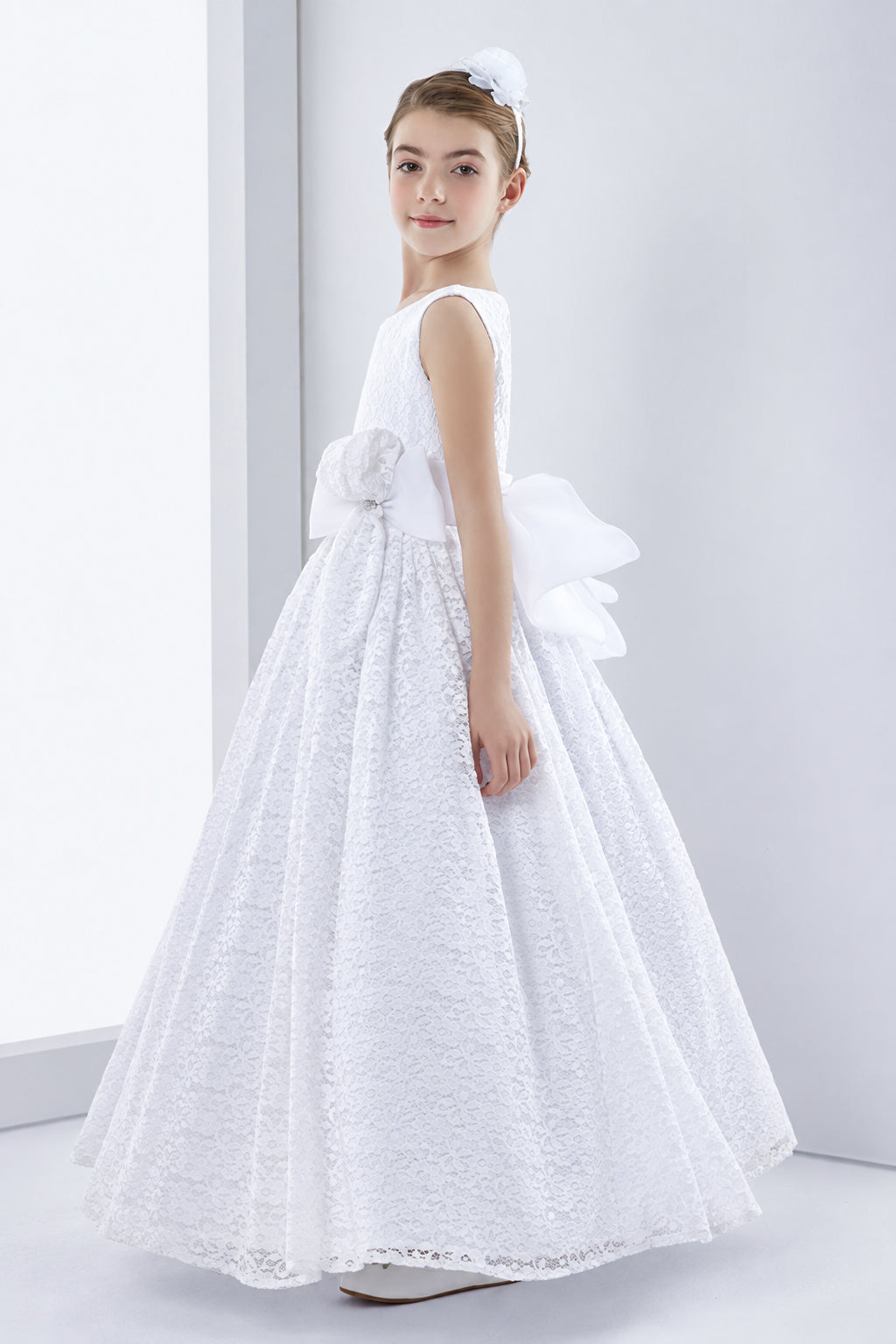 Lace Sleeveless A-Line First Communion Dress With Bow Ribbon