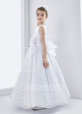 Lace Sleeveless A-Line First Communion Dress With Bow Ribbon