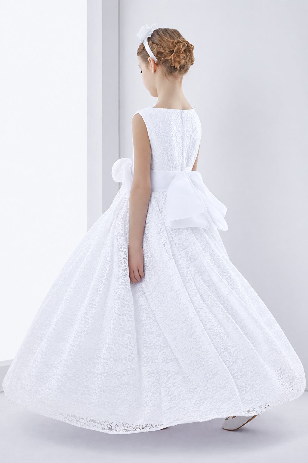 Lace Sleeveless A-Line First Communion Dress With Bow Ribbon