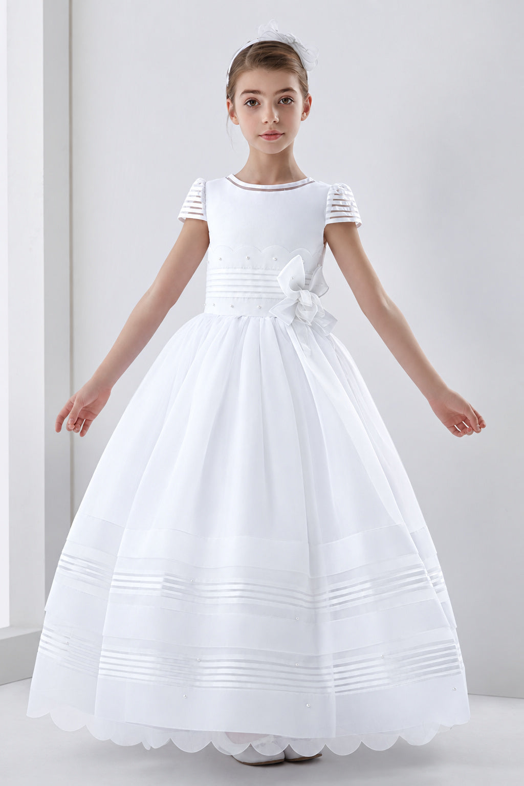Organza Short Sleeve Ball Gown Floral Hemline Long First Communion Dress With Beading