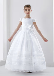 Organza Short Sleeve Ball Gown Floral Hemline Long First Communion Dress With Beading