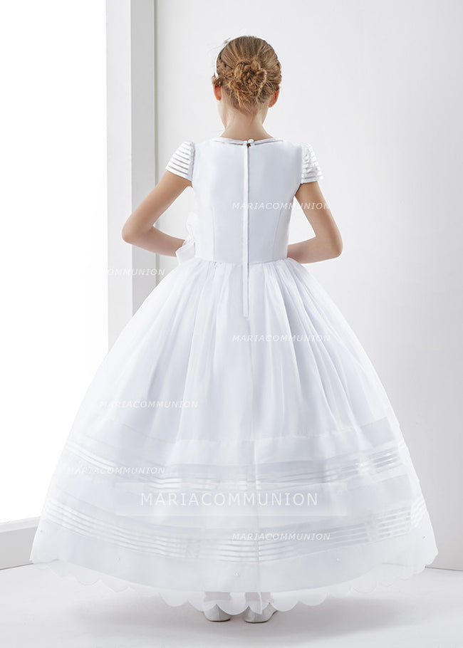 Organza Short Sleeve Ball Gown Floral Hemline Long First Communion Dress With Beading