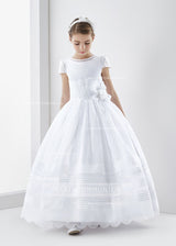 Organza Short Sleeve Ball Gown Floral Hemline Long First Communion Dress With Beading