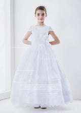 Organza Short Sleeve Ball Gown Floral Hemline Long First Communion Dress With Beading