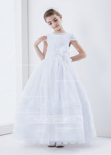 Organza Short Sleeve Ball Gown Floral Hemline Long First Communion Dress With Beading