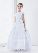 Organza Short Sleeve Ball Gown Floral Hemline Long First Communion Dress With Beading