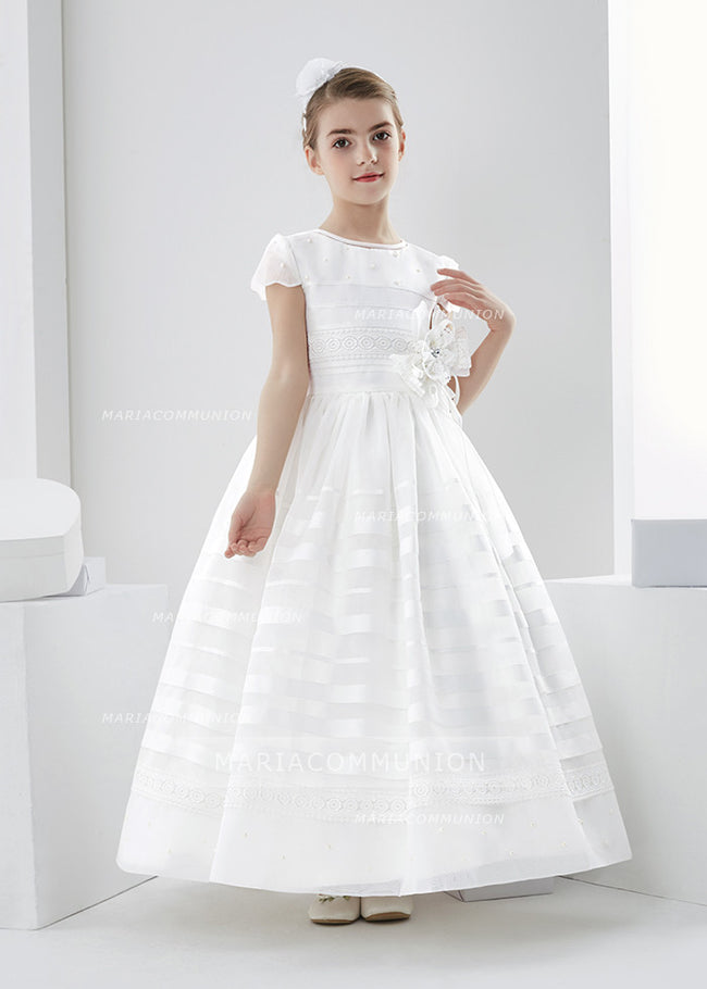 Scalloped Short Sleeve Ball Gown Organza First Communion Dress With Beading And Flower
