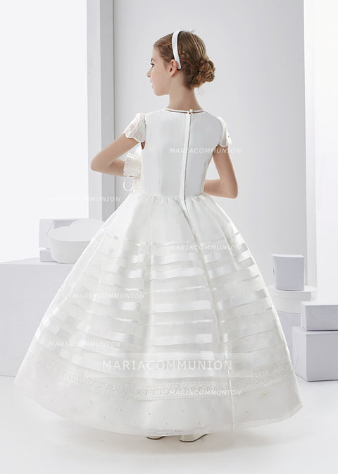 Scalloped Short Sleeve Ball Gown Organza First Communion Dress With Beading And Flower