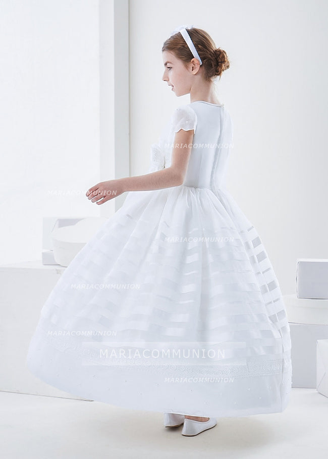 Scalloped Short Sleeve Ball Gown Organza First Communion Dress With Beading And Flower