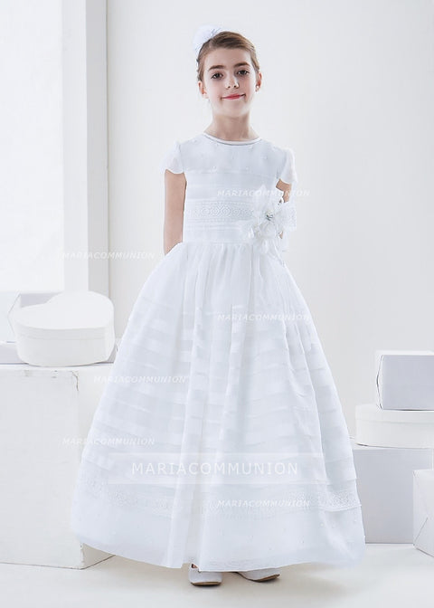 Scalloped Short Sleeve Ball Gown Organza First Communion Dress With Beading And Flower