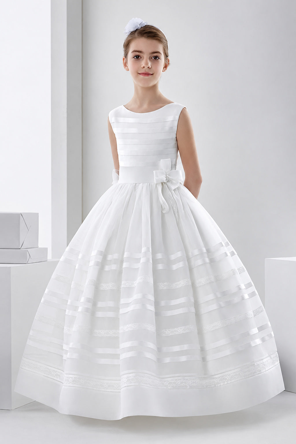 Scoop Neck Ball Gown Organza First Communion Dress with Bow