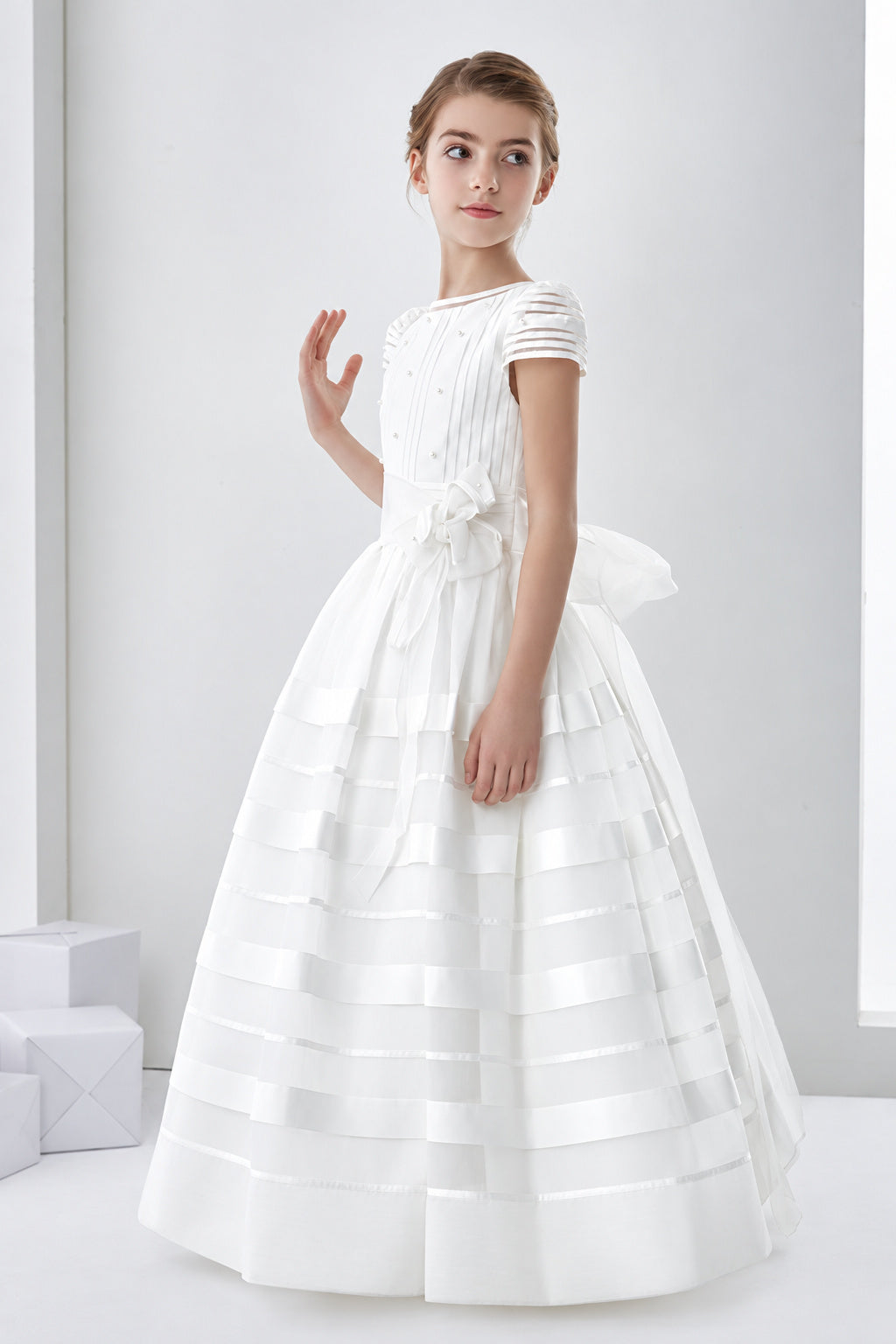 Short Sleeve Ball Gown Organza First Communion Dress With Beaded Bodice