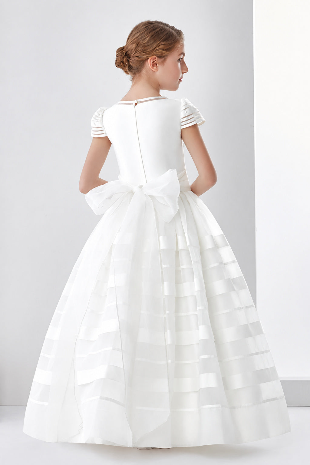 Short Sleeve Ball Gown Organza First Communion Dress With Beaded Bodice