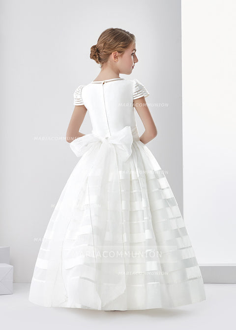 Short Sleeve Ball Gown Organza First Communion Dress With Beaded Bodice