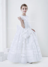 Short Sleeve Ball Gown Organza First Communion Dress With Beaded Bodice