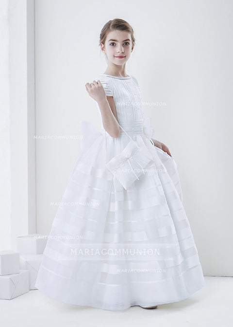 Short Sleeve Ball Gown Organza First Communion Dress With Beaded Bodice