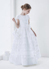 Short Sleeve Ball Gown Organza First Communion Dress With Beaded Bodice