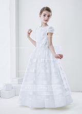 Short Sleeve Ball Gown Organza First Communion Dress With Beaded Bodice