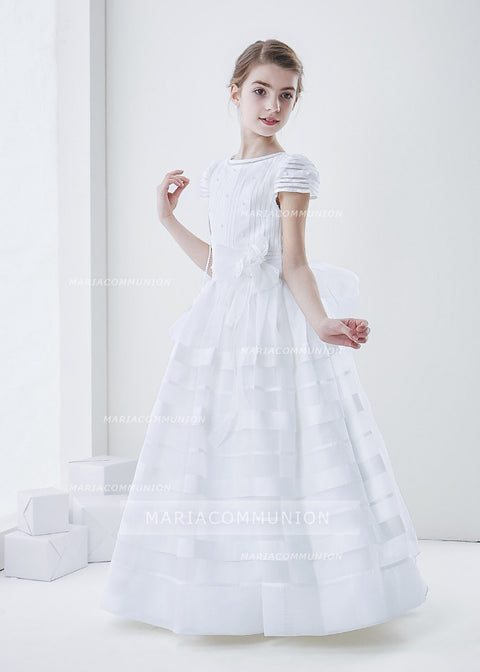 Short Sleeve Ball Gown Organza First Communion Dress With Beaded Bodice