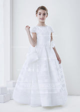 Short Sleeve Ball Gown Organza First Communion Dress With Beaded Bodice