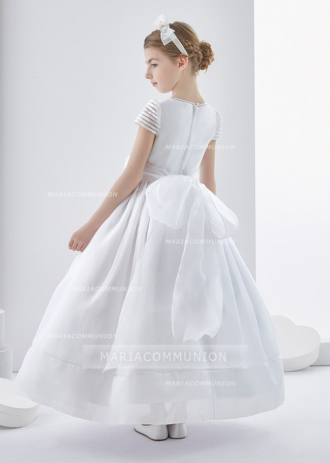 Short Sleeve Ball Gown Organza First Communion Dress with Big Bow
