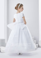 Short Sleeve Ball Gown Organza First Communion Dress with Big Bow