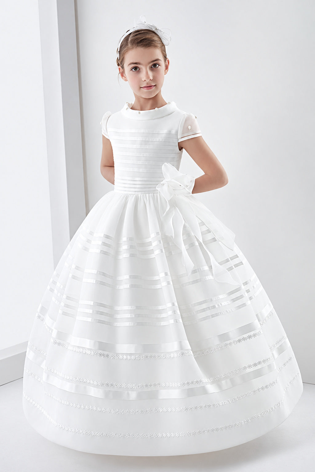 Short Sleeve Ball Gown Organza Long First Communion Dress With Beading