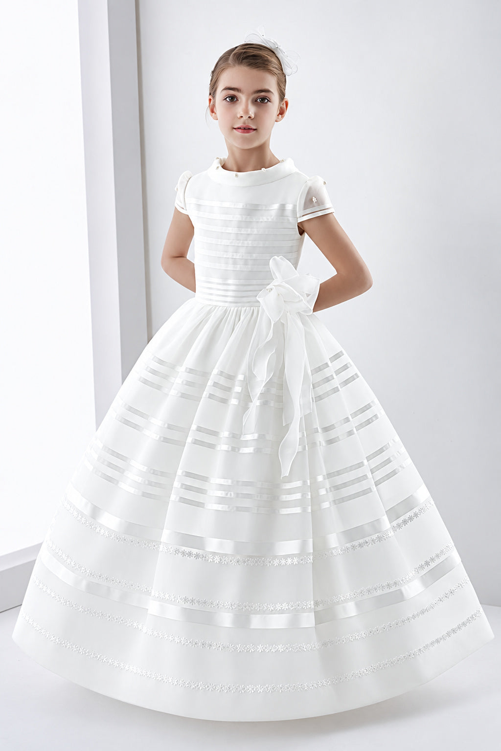 Short Sleeve Ball Gown Organza Long First Communion Dress With Beading